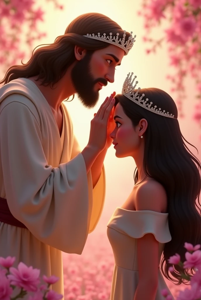 Jesus crowning a 15 year old girl Disney Pixar style, The young woman is kneeling and is wearing a short-sleeved dress with exposed shoulders. , Jesus is wearing the delicate diamond crown on top of the young woman's head ready to place the crown on the young woman's head, place surrounded by pink flowers, Her hair is thick and very black, ela ri fundo png
