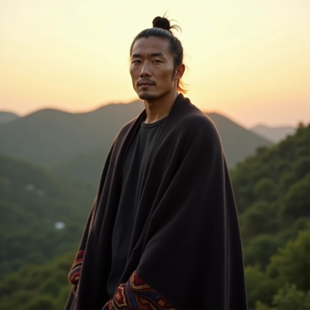huge sexy masculine inflated tall man with long flowing straight hair in full height with open eyes, Looking Forward, on his face there are two black stripes on his cheeks - the moon god, Asian appearance, topless, in a floor-length silver skirt, semicircular patterns on clothes, depicting the moon, Covered with a black canopy, in black clothes, semicircular symbols on clothes
In the temple with Arabic architecture