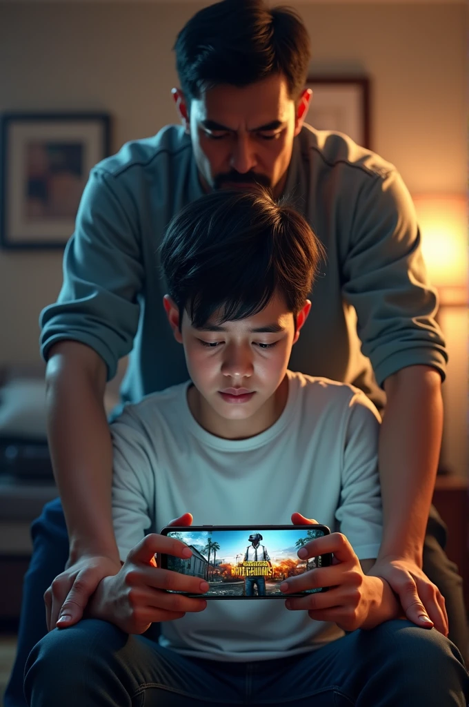 A guy playing pubg game on mobile and dad is beating him