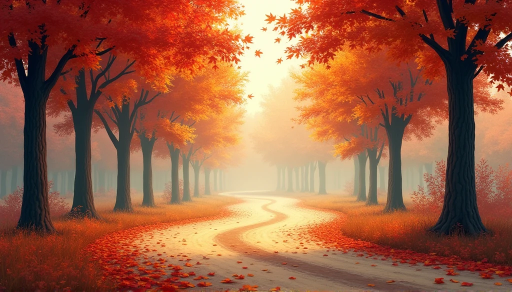 a dirt road,There are maples on both sides.,There are fallen leaves,Scattered on the ground