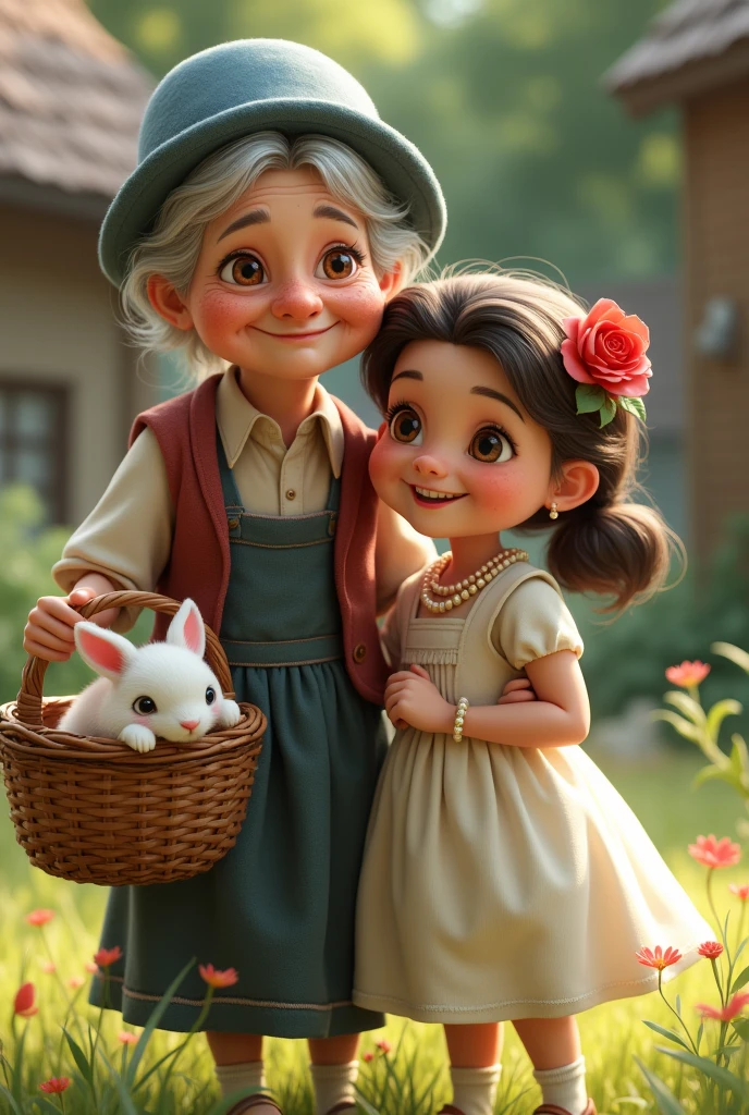 An old woman with a freckled face, a blue hat, and a girl
With a very smiling and happy lip
With an old basket with a white rabbit in it
With a white princess dress and
A pearl necklace with a red rose in the yard