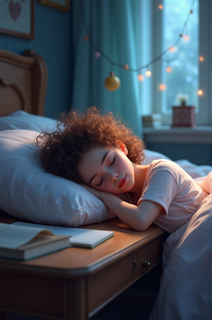 Book cover. Sleeping realistic adult girl in her desk. Bedroom. Fantasy. Realistic. Curly hair. Relaxed pose.