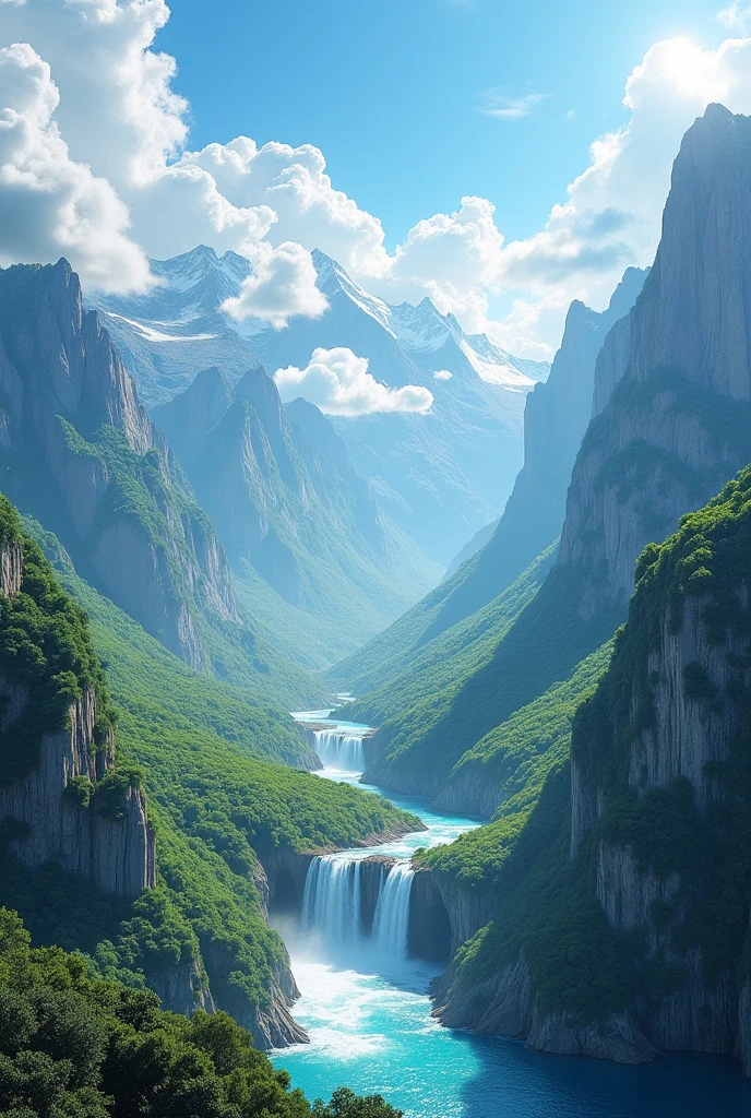 Masterpiece, ultimate quality, Cg unity 8k wallpaper, super delicate, beautiful sky and clouds, rich natural scenery, cliffs, lakes and rivers, waterfalls and flying water, beautiful green mountains, no trace of people, excellent scenery, has already won a photo contest, background Blurring, full depth of field, HDR high dynamics, true restoration, intricate, extreme details, dramatic presentation, perfectly presenting the style of midjourney art.