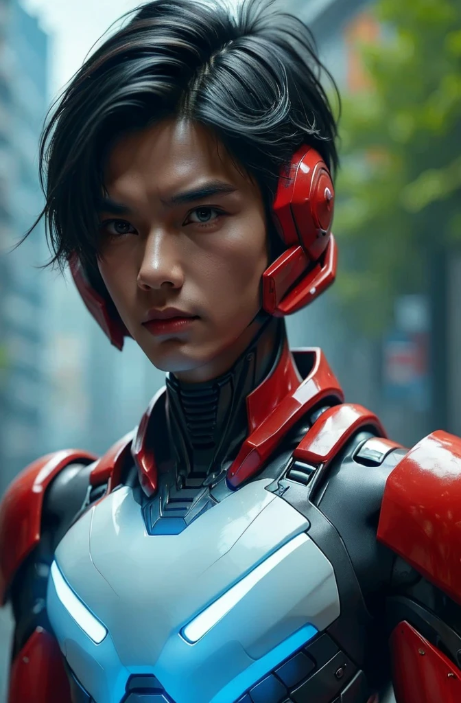 a young Malaysia man, tan skin .19 year old boy wearing a red and white exoskeleton armor, a robot face on his chest , malaysian mullet wolfcut hairstyle. Red ear mount . black hair mix little white hair. , detailed face and eyes, highly detailed, 8k, photorealistic, cinematic lighting, concept art, sci-fi. Led light blue.led light robot face on body Punisher. Marvel. Alien robot face on body. Mechamato. Robot face on chest. Talking robot on chest. Angry red Robot emoji on body.