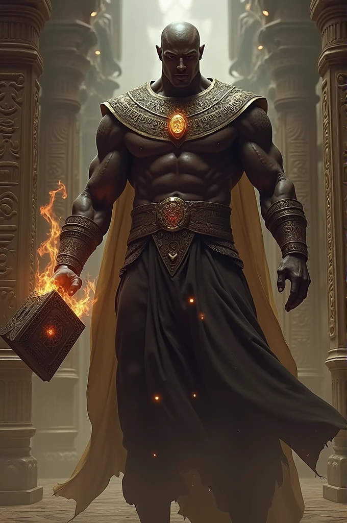 Bald, dark-skinned, egyptian-style, very muscular mage with a floating book and
