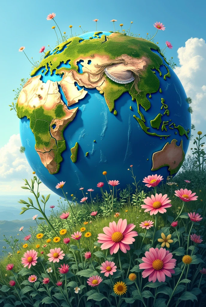 (Illustration:1.3) beautiful planet earth with flowers and plants sprouting spring day (by Artist Anna Dittman:1), (((masterpiece))), (((best quality))), ((ultra-detailed)),(detailed light),((an extremely delicate and beautiful)),