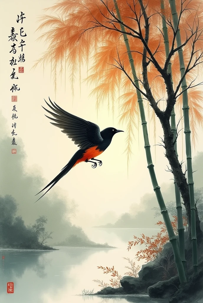 shukezouma, shuimobysim, ((starling)), willow branches, (masterpiece, best quality: 1.2), ((Traditional Chinese ink painting)), model style, bamboo branches, bamboo, wuchangshuo, red, orange, black, fire, starling, bird