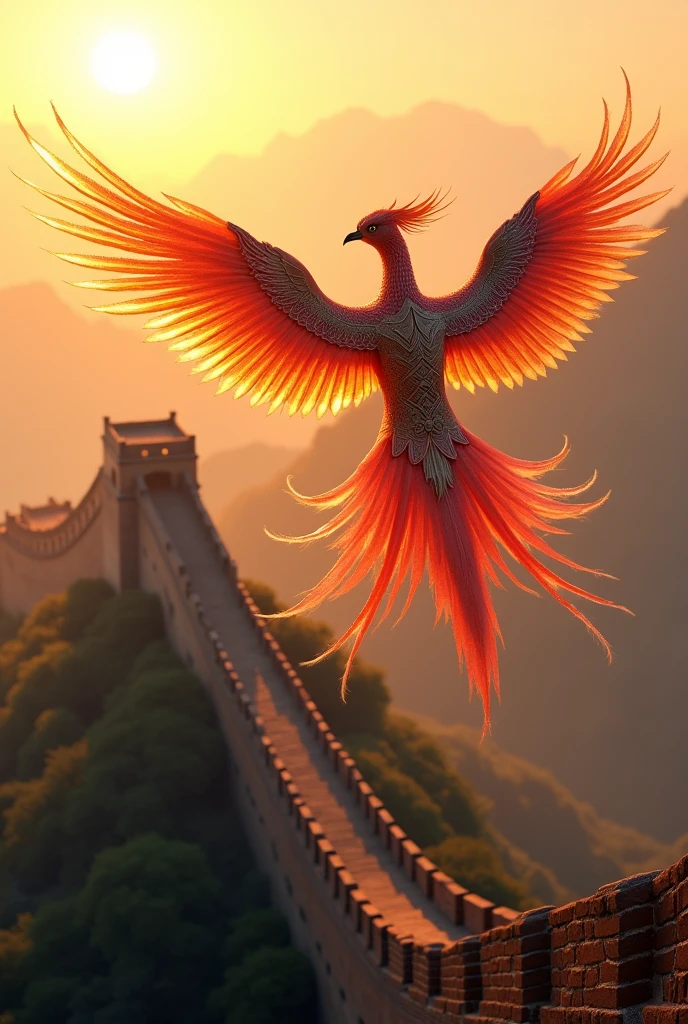 A majestic phoenix in a resplendent Chinese mythical costume, soaring above the Great Wall of China, bathed in the golden hour