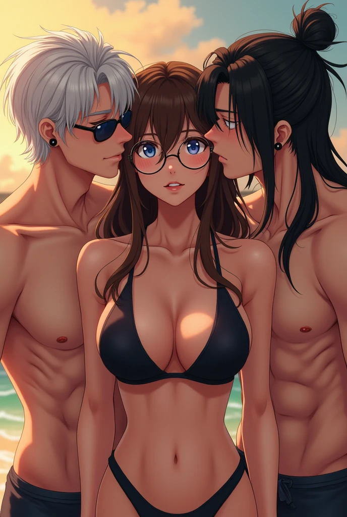 one pretty woman, Madura, Bullish, white, long hair, straight and brown with bangs, honey-colored eyes, wearing prescription glasses, is in a bikini on a beach with two men kissing her neck, The first is white, Cao Cao, white hair with bangs, blue colored eyes, white eyelashes, wearing small sunglasses and no shirt, o segundo homem é Cao Cao, grown-up, masculine, oriental-like, eyes black, long black hair in a bun, has black plugs in his ears, is shirtless, アニメ