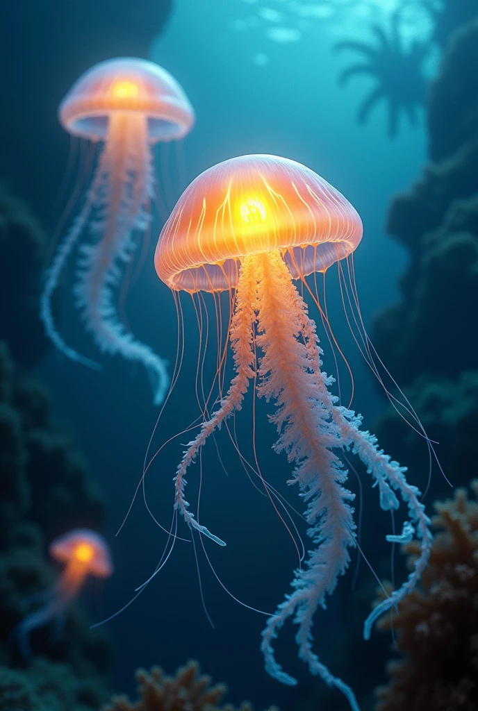 there is a jellyfish with a yellow light on its head, two magnificent jelly fish, squid phoenix jellyfish, rendered in houdini, clematis in the deep sea, phoenix jellyfish, sea anemone, jelly fish dancing, bioluminiscent creatures, sea creature, fluid simulation in houdini, closeup cinematic aquatic scene, jellyfish pheonix, deep sea creatures