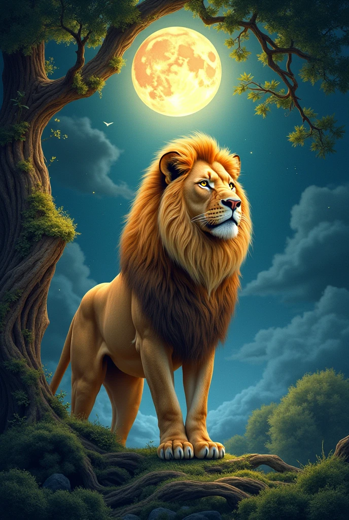 (((Masterpiece artwork))), best qualityer, illustration, beautifuldetailedglow, paper_hackear, lion, tree, ..moonligh