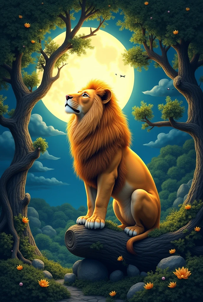 (((Masterpiece artwork))), best qualityer, illustration, beautifuldetailedglow, paper_hackear, lion, tree, ..moonligh