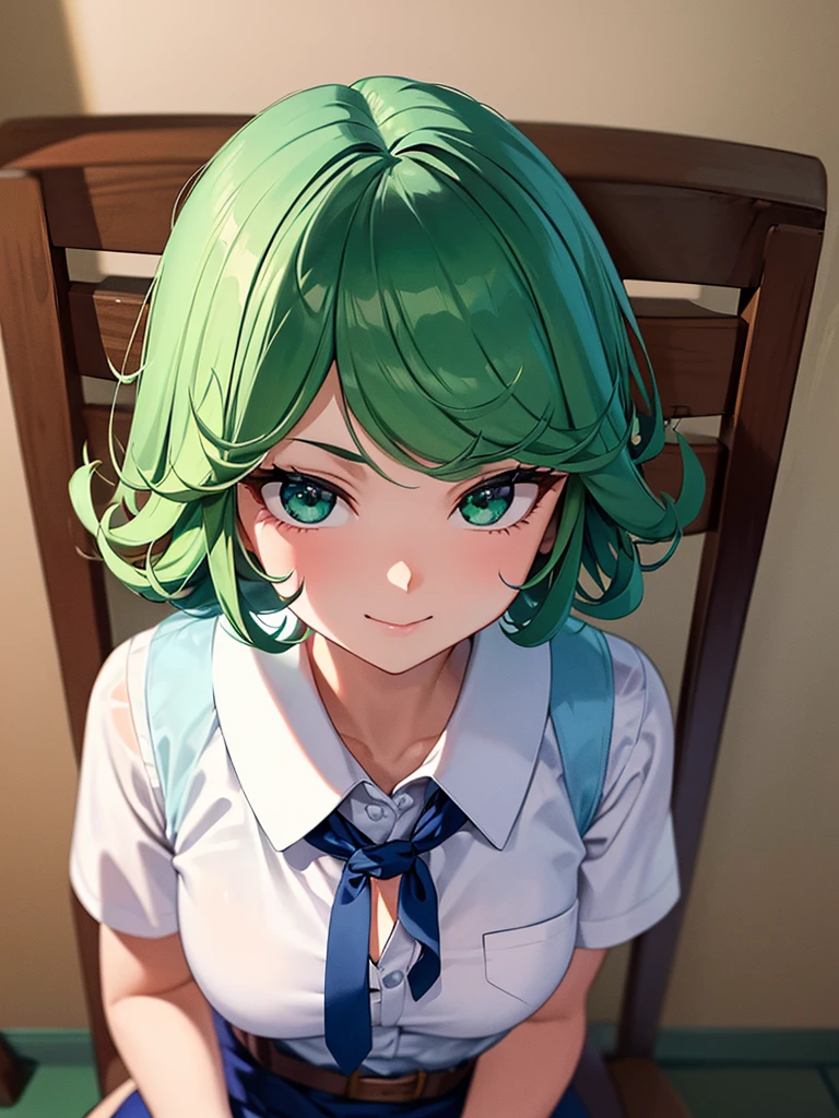 (high res, 8K, masterpiece, looking at viewer, best quality, very aesthetic, ultra detailed, ultra background, ultra Eyes) intricate details, 1girl, Tatsumaki, Chibi, short sleeved white shirt, Dark Blue short skirt, Pockets on the left chest, Dark Blue tie, Wearing a belt, green short hair, green eyes, Laughing Face, Sit on the Chair, Background School Stairs, Cinematic Angle