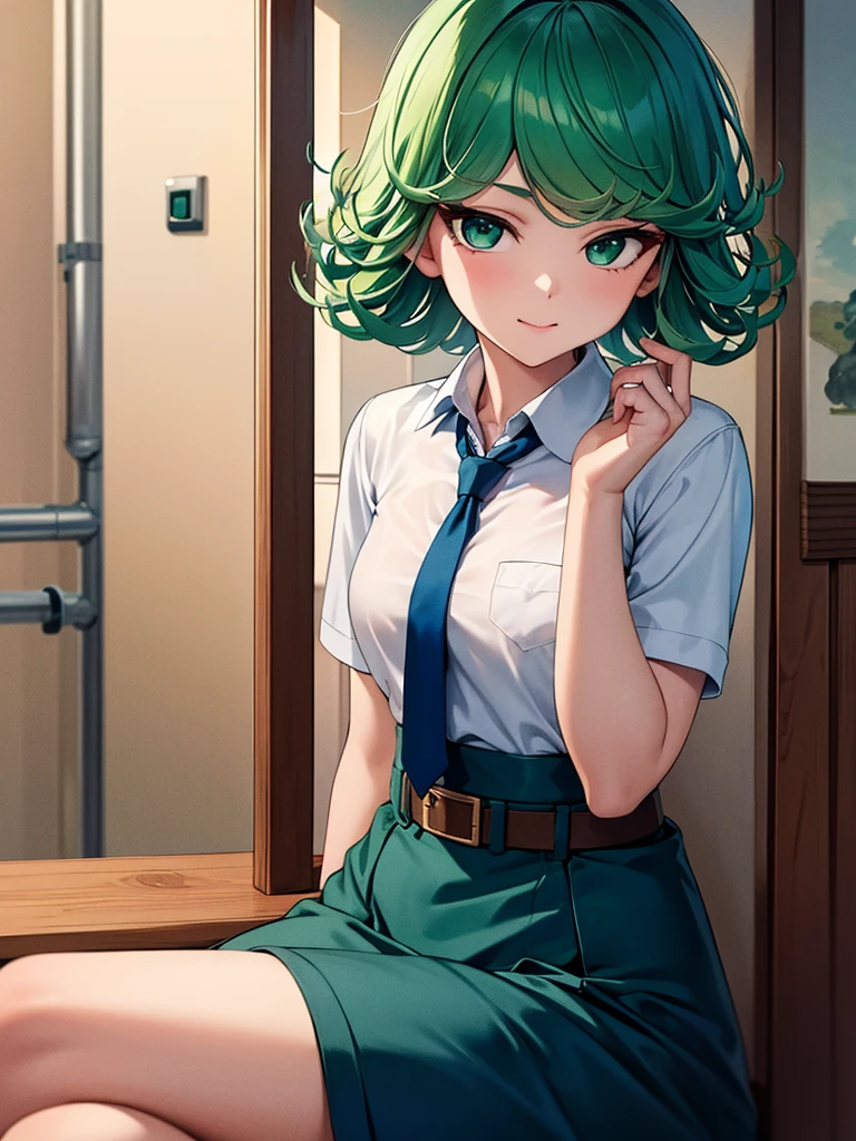 (high res, 8K, masterpiece, looking at viewer, best quality, very aesthetic, ultra detailed, ultra background, ultra Eyes) intricate details, 1girl, Tatsumaki, Chibi, short sleeved white shirt, Dark Blue short skirt, Pockets on the left chest, Dark Blue tie, Wearing a belt, green short hair, green eyes, Laughing Face, Sit on the Chair, Background School Stairs, Cinematic Angle