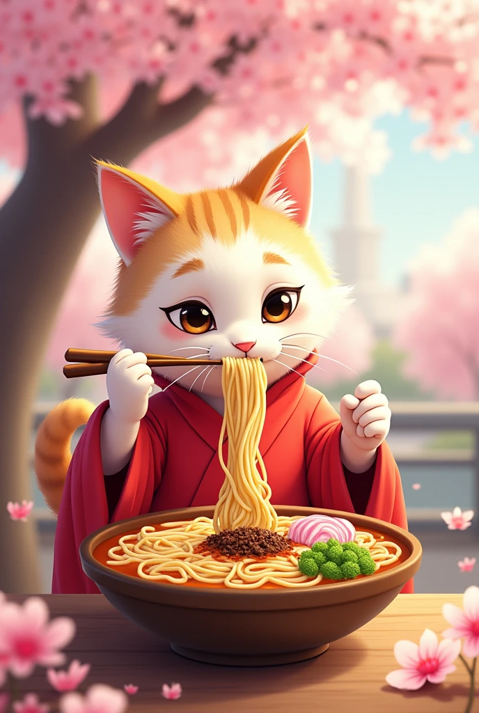 Cartoon, cat humanoid, eating ramen, dressed in a red robe, under a cherry tree