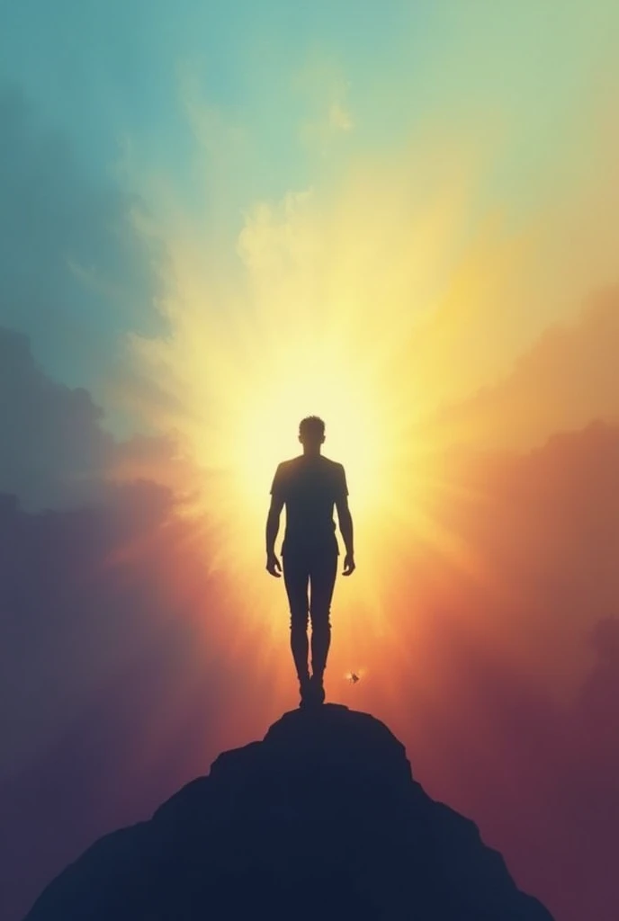 the silhouette of a person walking outdoors towards the top of success as a person; background can be smooth and gradient, using colors such as shades of blue and purple, that transmit tranquility and depth, or yellow and orange, that symbolize energy and positivity; soft light around the figure, representing inner growth and enlightenment, or maybe a broken mirror if you want to symbolize overcoming low self-esteem
