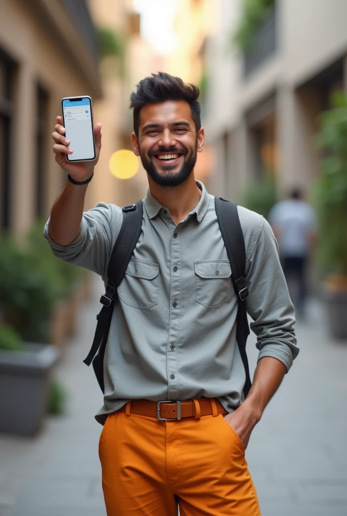 man showing his cell phone, Grey shirt, orange pants, and showing his thumb up 