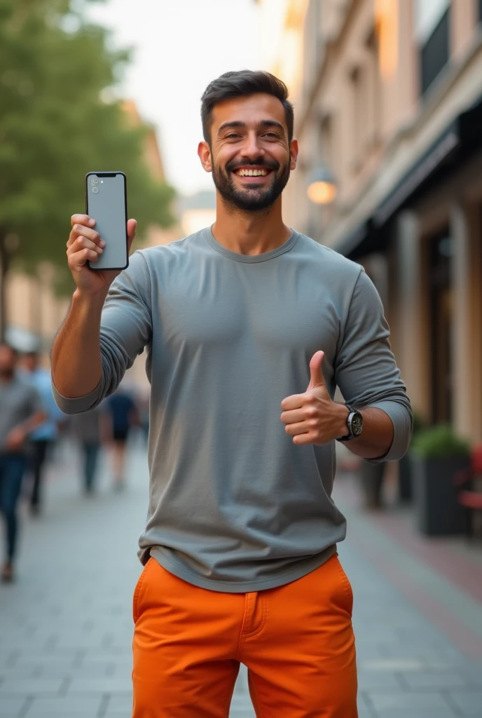 man showing his cell phone, Grey shirt, orange pants, and showing his thumb up 