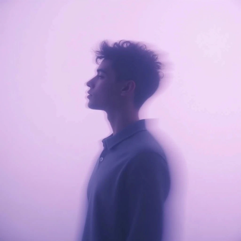 Silhouette of a young man is blurred in an 88% It has a filter the image looks light purple soft
