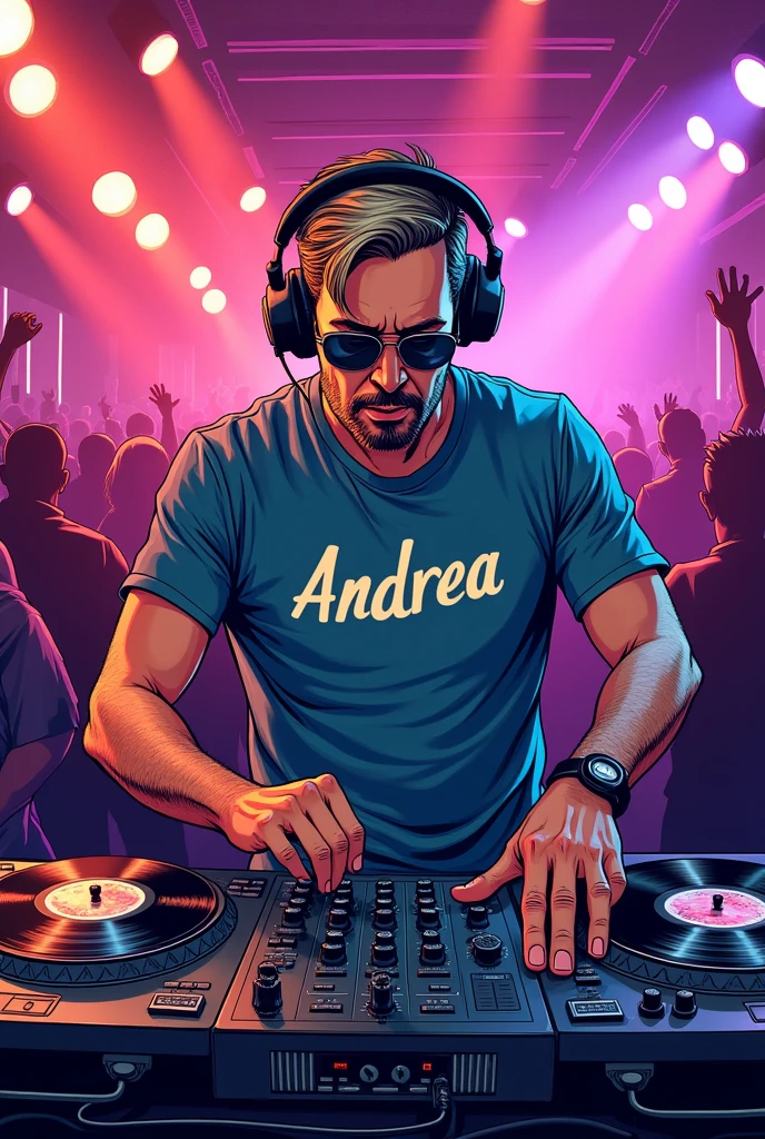 dj with t-shirt with inscription ANDREA, headphones, record player, records, techno, comic style, middle age, No beard, club, sunclasses,