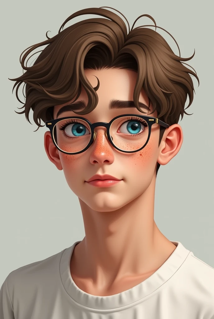 20 year old boy with light brown hair, disheveled, mod-cut court. Sky blue almond-shaped eyes, long eyelashes and thin eyebrows. Turned-up nose glasses, thicker upper lip, freckles on the cheekbones, oval face nose, low facial fat,jawline Slim Realistic