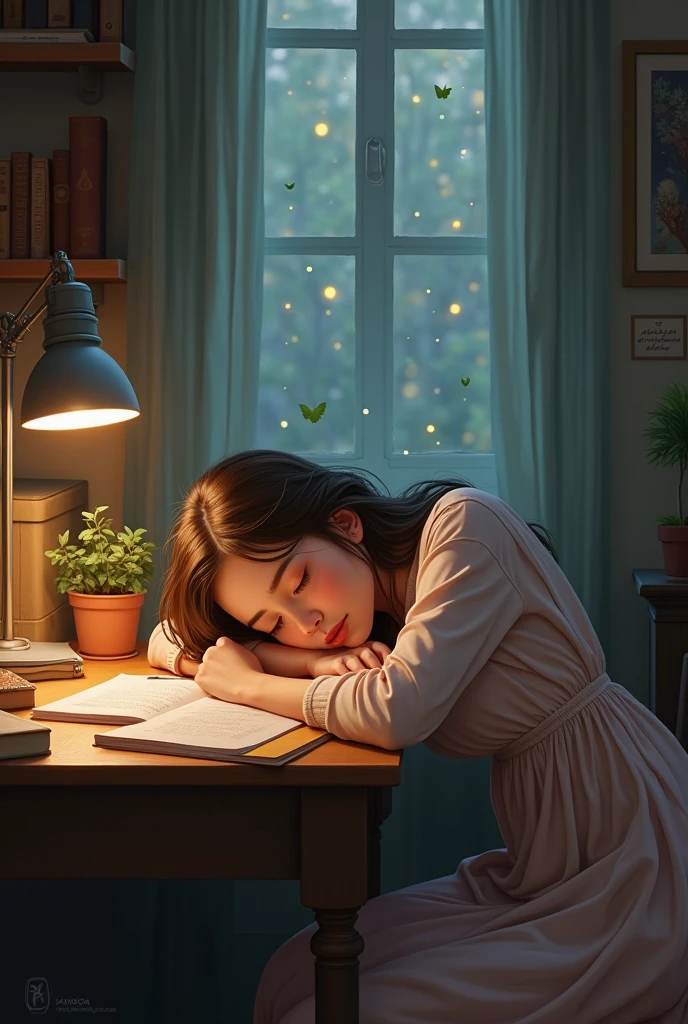 Book cover. Sleeping realistic adult girl in her desk at home. Fantasy.