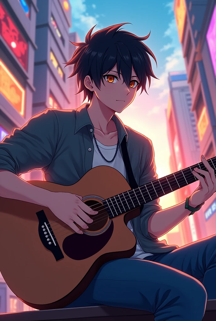 Imagine an anime-style male character with an attractive design: Dark and messy hair, large and expressive eyes, and a passionate expression while playing an acoustic guitar. Wear a casual shirt and modern jeans, with details that reflect an urban style. The background shows a vibrant city with bright lights and modern buildings., maybe at sunset to give it a romantic touch. The atmosphere is relaxed but dynamic, Capturing the essence of music in the midst of urban hustle and bustle.