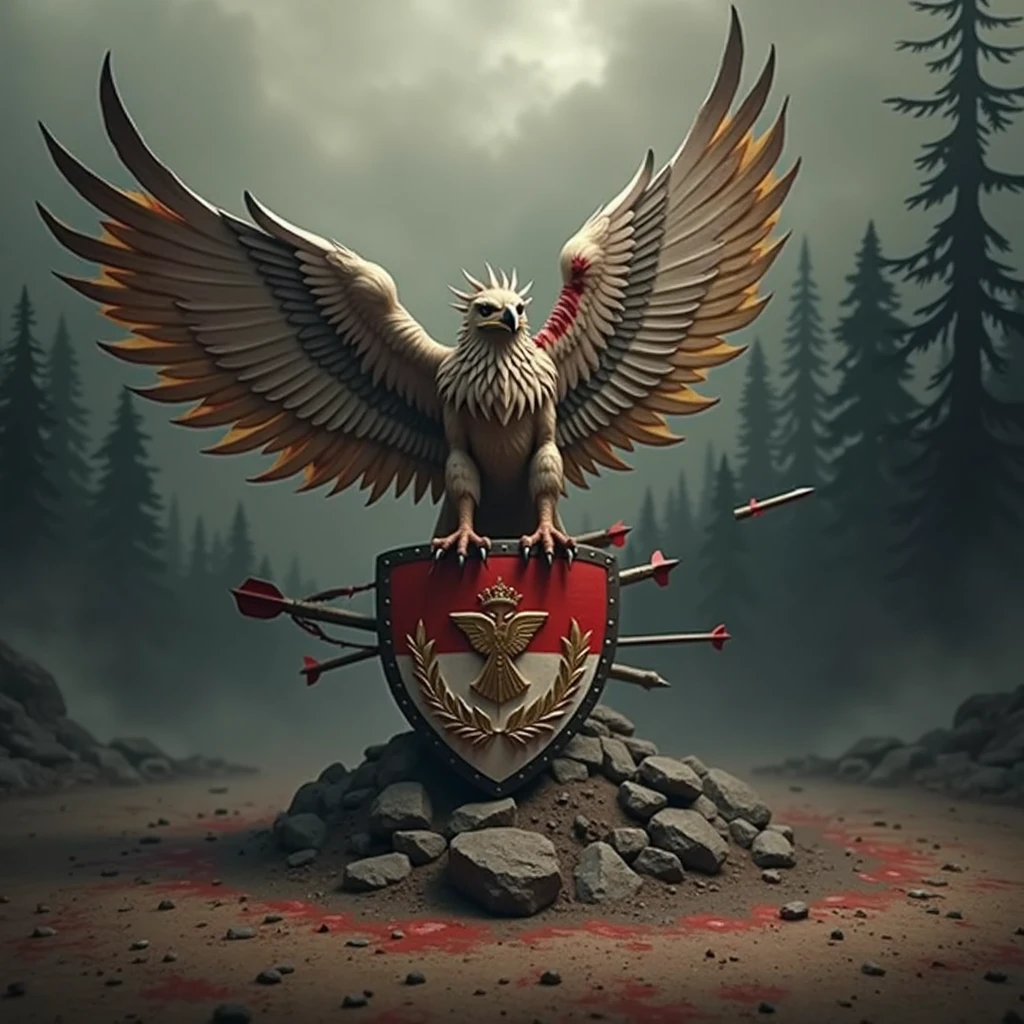 A realistic and dramatic scene of a Garuda perched on a shield embedded in the ground. The shield features the Garuda Pancasila emblem prominently in the center. The Garuda is wounded, with blood visible and arrows piercing its wings. The background is a burning forest with thick smoke filling the air, creating an intense and somber atmosphere