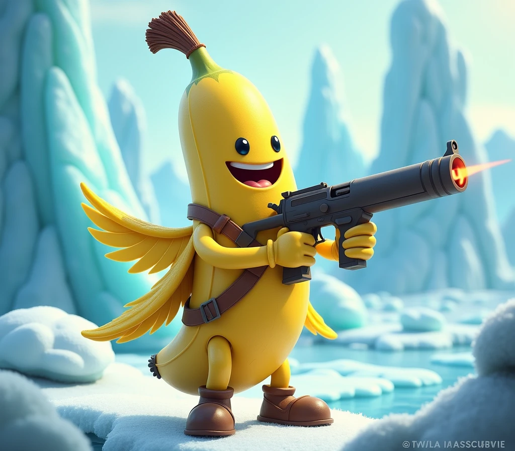 a human banana, with arms and feathers smiling and aiming with a gun, glacial bottom