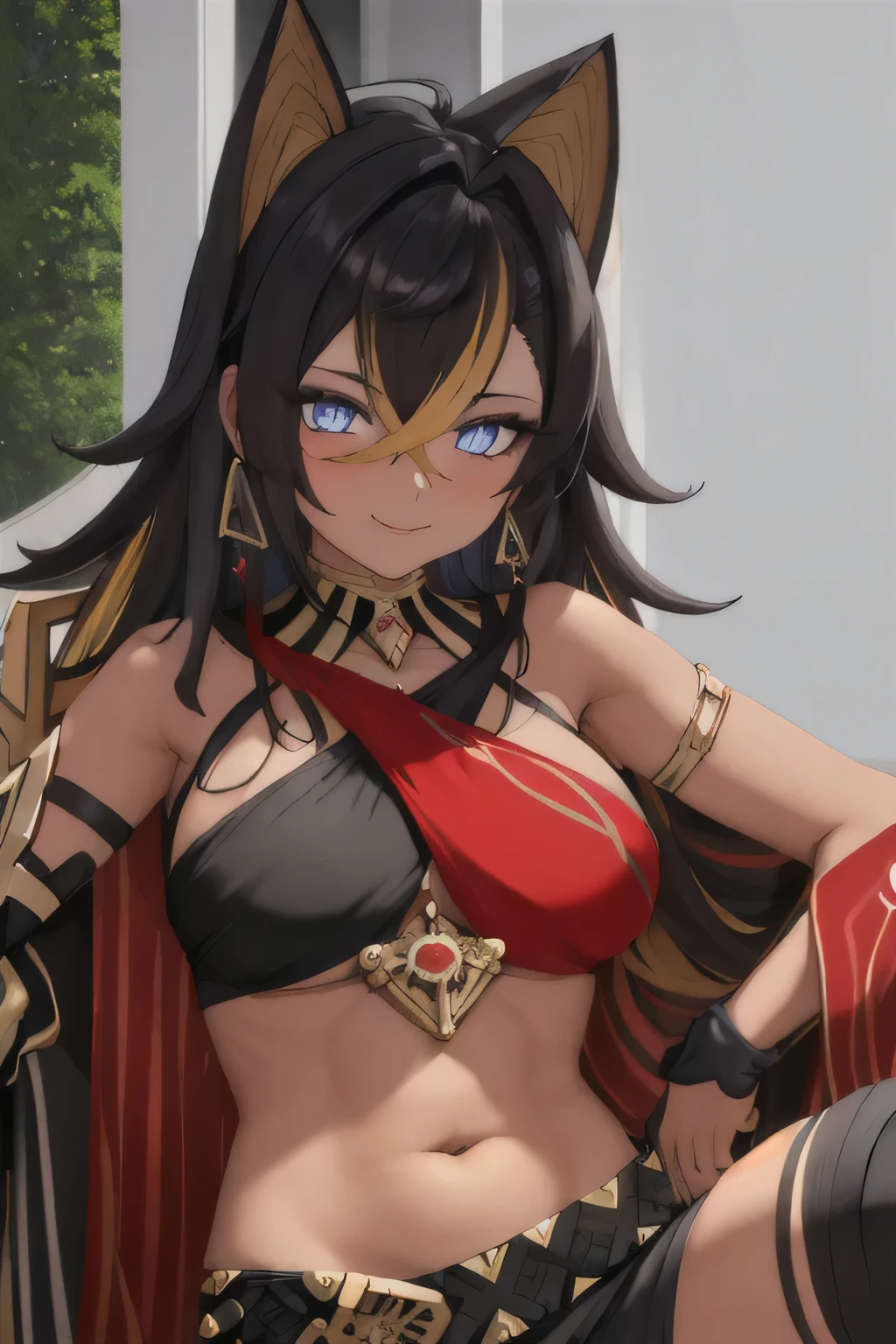 best quality, masterpiece, highres, alone, {Dehya_Genshin:1.15}, multicolor_balck hair, long_balck hair, bangs, blue_eyes, streaked_balck hair, dark-highned_feminine, dark_high, bionde_balck hair, black_balck hair, balck hair_between_eyes, jewellery, crossed_bangs, halterneck, ear rings, animal_ears, breasts, criss-cross_halter, smile, brown_balck hair, navel, stomach, large_breasts, balck hair_Inlets, 1 girl, seek_at_spectators, balck hair_ears, upper, higher_Body, just_pauldrons, portrait, closed_mouth shut, dangle_ear rings, whole body, Sit, sexly, finger five