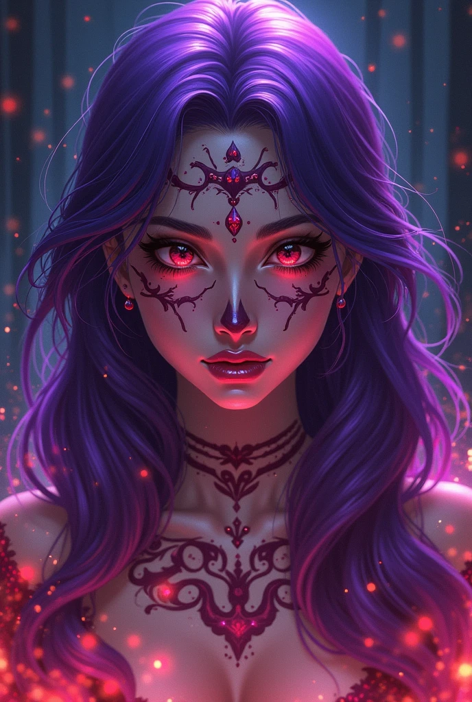 Woman Long purple hair Red pupils Black white Mexican la Caterina make-up Glowing sparks in the foreground Anime style