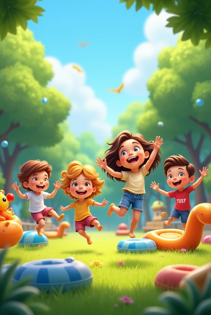 Several children playing in a park with inflatable toys, happy and smiling
