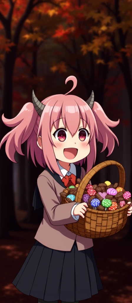 Zero Two carrying a pumpkin basket filled with candy. Trees in the background with fall leaves. 