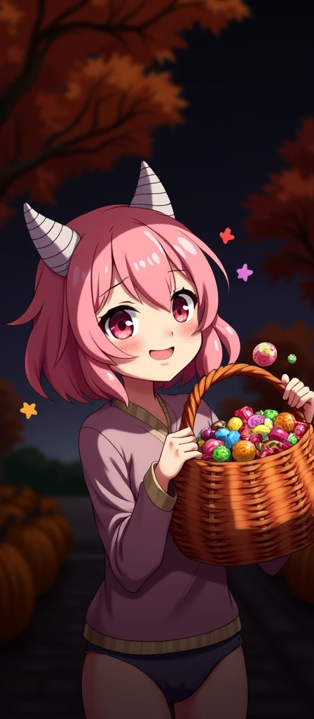 Zero Two carrying a pumpkin basket filled with candy. Trees in the background with fall leaves.