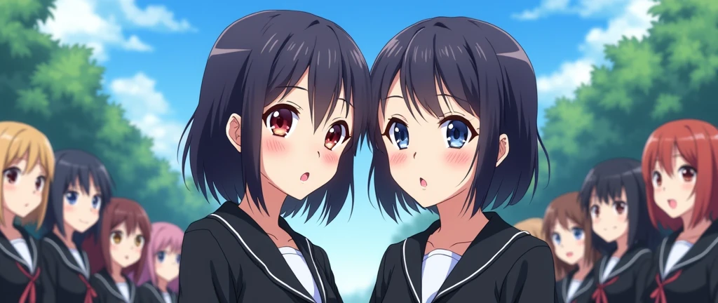 anime girls in white and black schoo uniforms in the background , looking in love , besotted expression, besotted faces, anime style, various people in the backgroung, looking up front, high school uniforms, anime girls , an infatuated crowd, during daylight, blue sky and trees in the background