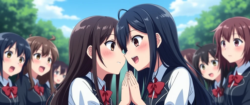 anime girls in white and black schoo uniforms in the background , looking in love , besotted expression, besotted faces, anime style, various people in the backgroung, looking up front, high school uniforms, anime girls , an infatuated crowd, during daylight, blue sky and trees in the background