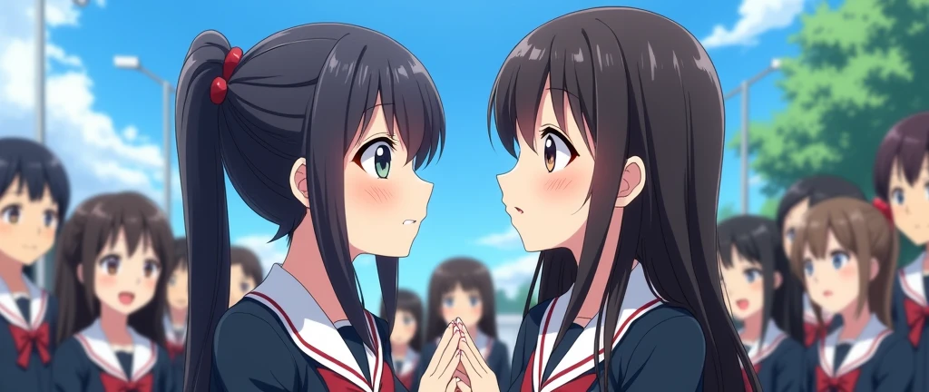 anime girls in white and black schoo uniforms in the background , looking in love , besotted expression, besotted faces, anime style, various people in the backgroung, looking up front, high school uniforms, anime girls , an infatuated crowd, during daylight, blue sky and trees in the background