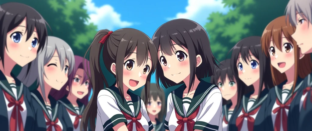 anime girls in white and black schoo uniforms in the background , looking in love , besotted expression, besotted faces, anime style, various people in the backgroung, looking up front, high school uniforms, anime girls , an infatuated crowd, during daylight, blue sky and trees in the background