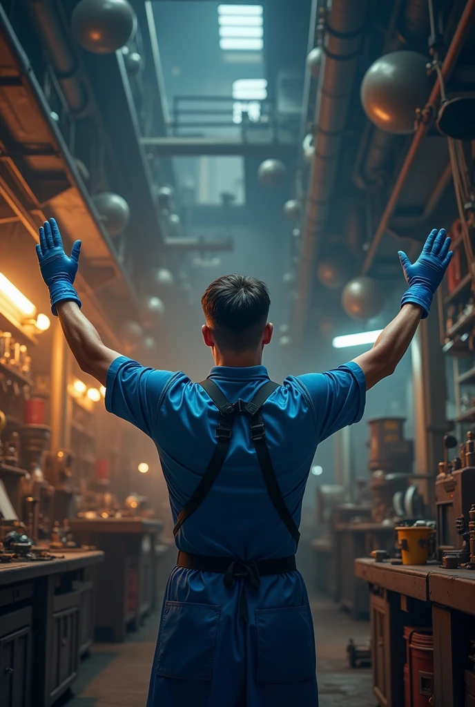 a man standing sideways raising his arms, receiving something with his open and not too close hands, wearing blue gloves, blue mechanic's apron, blue shirt,(best quality,4k,8k,highres,masterpiece:1.2),ultra-detailed,(realistic,photorealistic,photo-realistic:1.37),highly detailed mechanical workshop, detailed metal tools and equipment, detailed machinery, dramatic lighting, cinematic composition, vibrant colors, sharp focus