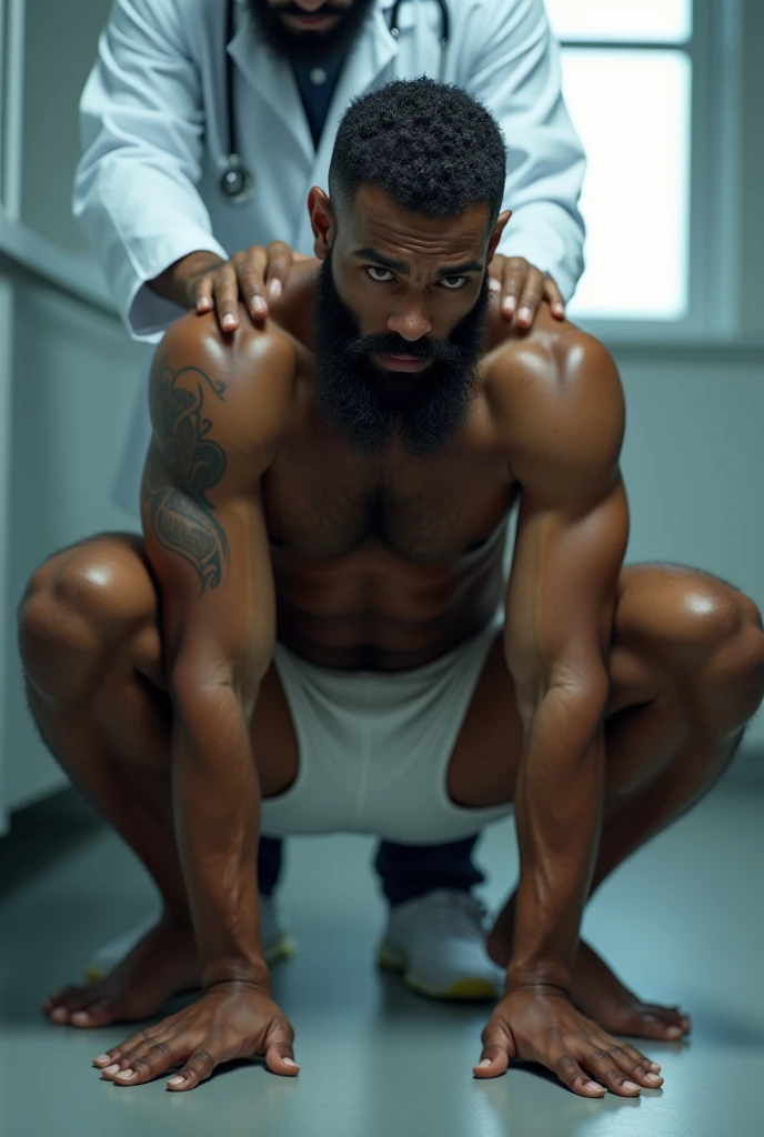 Strong, bearded mixed race man crouching on the floor in white underwear being examined by a doctor.