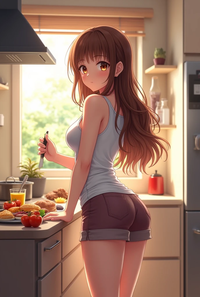 Brown haired anime girl in short shorts and tank top preparing breakfast 