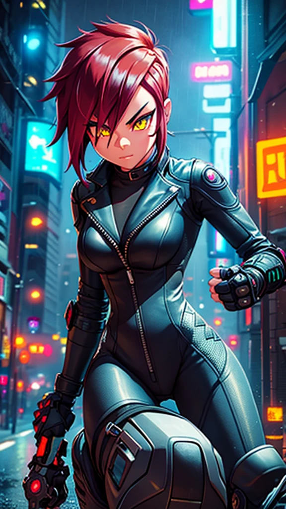 biker girl, motorcycle, Leather one-piece garment, Short hair, yellow glowing eyes, Dark colors, ultra detailed face, long eyelashes, skinny, Cyberpunk, Neon lights, Red hair, long boots, tightsuit, Night, the city street, mitts, rain