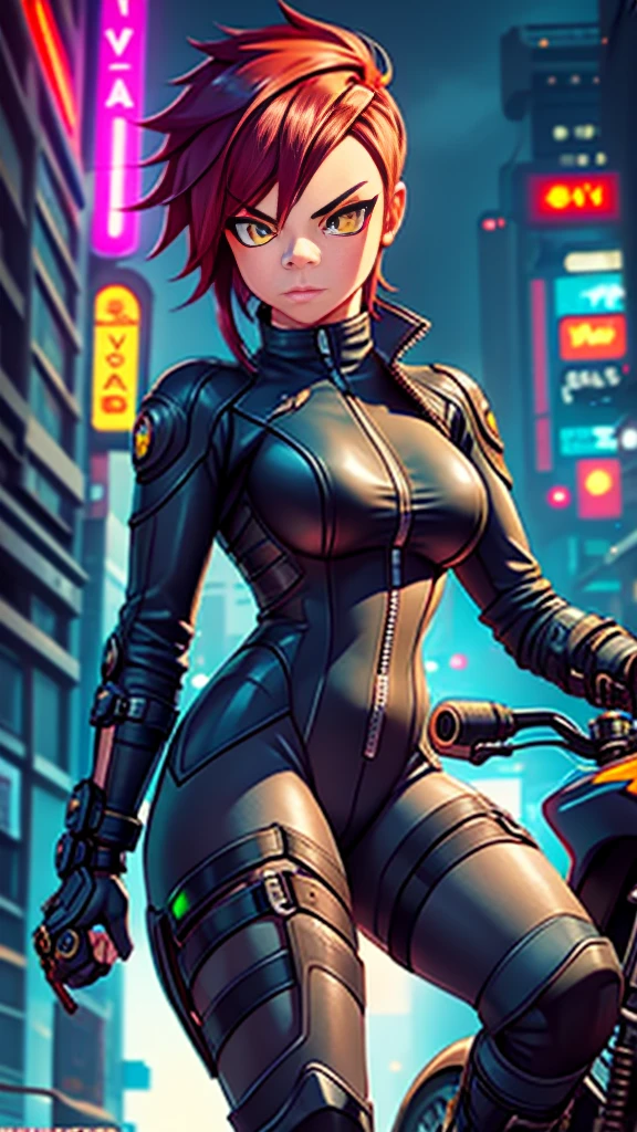 biker girl, motorcycle, Leather one-piece garment, Short hair, yellow glowing eyes, Dark colors, ultra detailed face, long eyelashes, skinny, Cyberpunk, Neon lights, Red hair, long boots, tightsuit, Night, the city street, mitts, rain