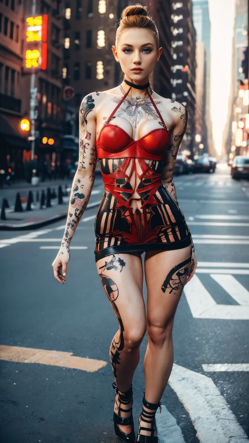 (full length, whole body portrait), (wide angle:1.27), a woman in her late 30s, various modeling poses, slim build, (soft body), (very low set breasts:1.4), (tiny bust:1.4), (thigh gap:1.32), bodycon dress (red), strappy_high_heeled_shoes,honey blonde hair in a messy bun, 8k,masterpiece,intricate details,vivid colors,extremely detailed tattoos,detailed face and body, perfect posing,detailed hands, best hands, human anatomy, perfect anatomy, flawless skin, NYC at dawn, jack, no bra
