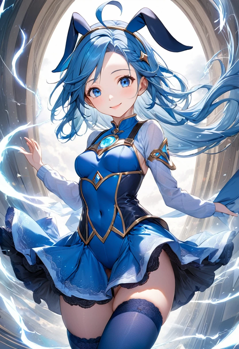 panoramic, (Archmage bunny girl style) (double exposure;1.3 beautiful wind), (hand holding whirlwind:1.4 effect), (solo:2, 15 yo) (beautiful detailed forehead) (beautiful blue hair long hair) (immensely cute girl) (best cute blue eyes), (love smile), (glossy lip), (small tits), (in a beautiful detailed Enamel blue leotard, Reality knitted stockings, Garter belt), break, in The tornado, background lightning:1.5, BREAK, perfect anatomy, masterpiece, best quality, 16k, beautiful detailed magic, daydreaming expression.