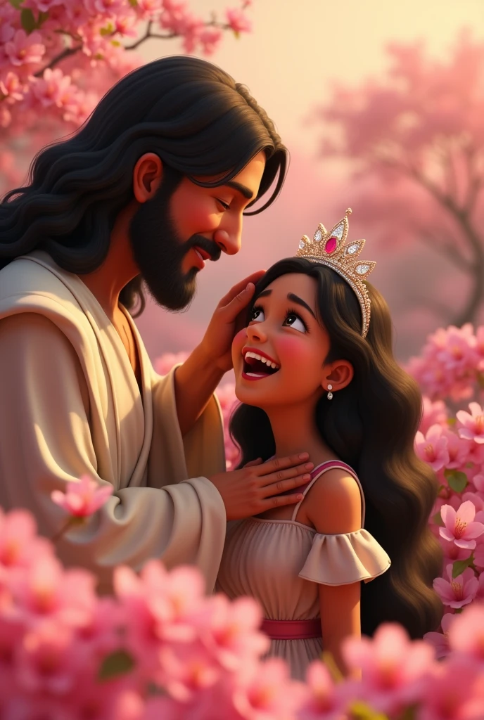 Jesus crowning a 15 year old girl Disney Pixar style, The young woman is kneeling and is wearing a short-sleeved dress with exposed shoulders. , Jesus is wearing the delicate diamond crown on top of the young woman's head ready to place the crown on the young woman's head, place surrounded by pink flowers, Her hair is thick and very black, she laughs deeply, you can clearly see both of their faces, they are happy png
