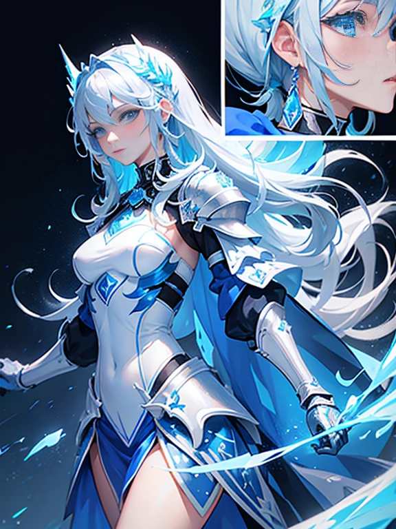dragon-like and white hair, and star details, blue horn, blue eye, a metal arm