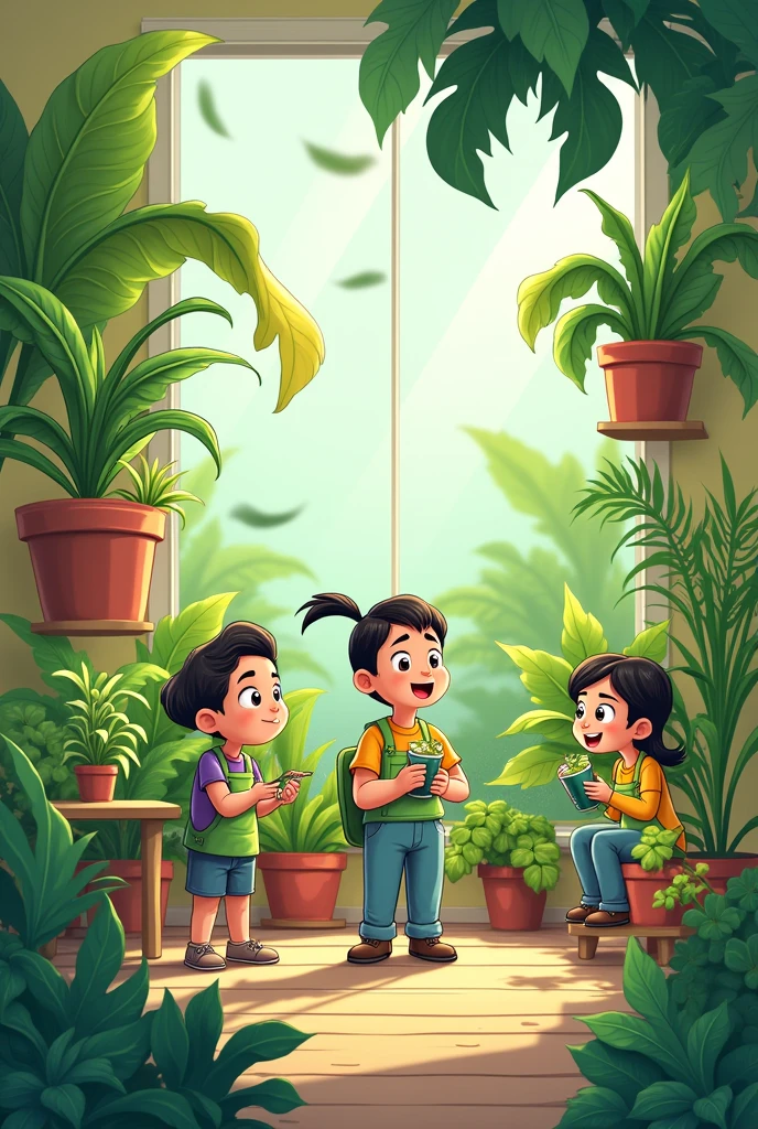 MAKE A ONE-PAGE COMIC ABOUT PLANT CARE, COMIC ANIMATED STYLE.