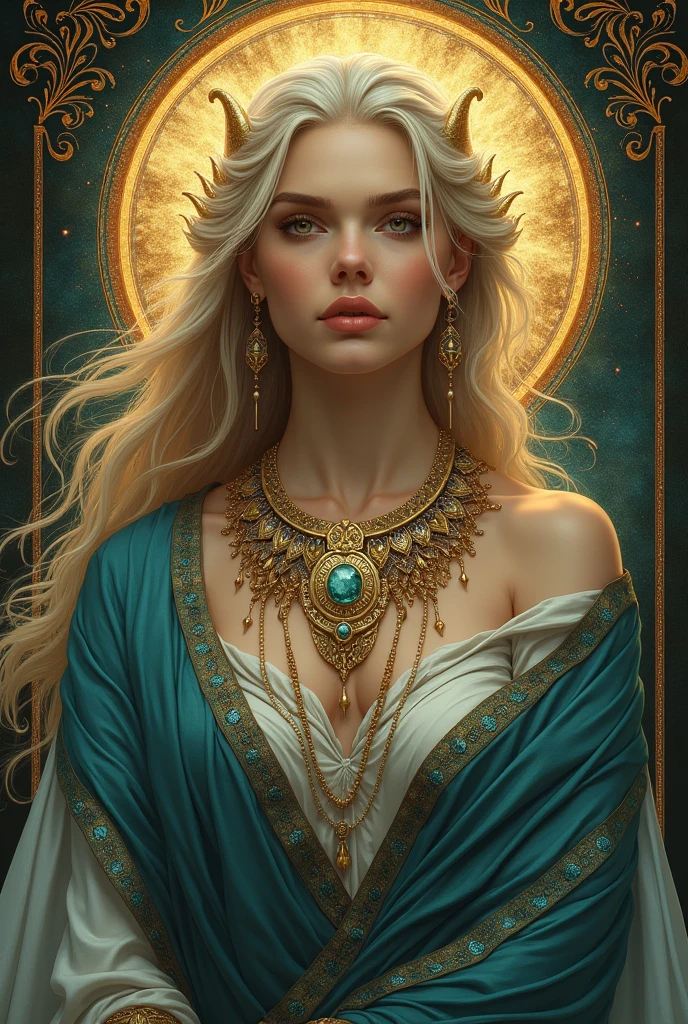 The Norse goddess Freyja in her cloak of gyrfalcon feathers, wearing an elaborate Viking necklace of gold and jewels. Art Nouveau style.
