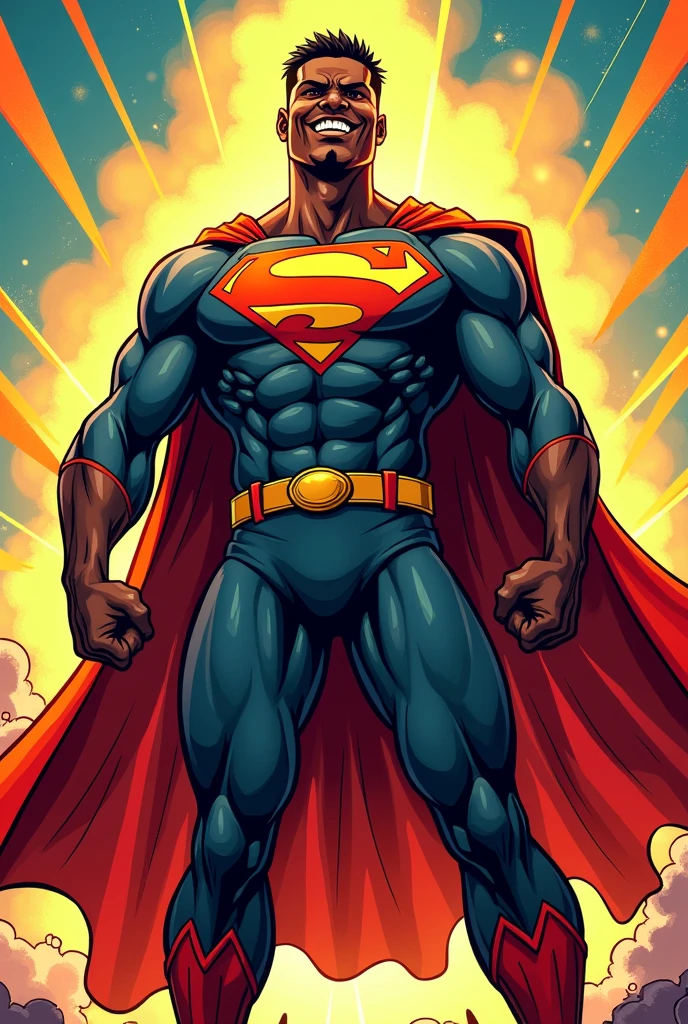 smiling black hero, with cape, standing, comic, 